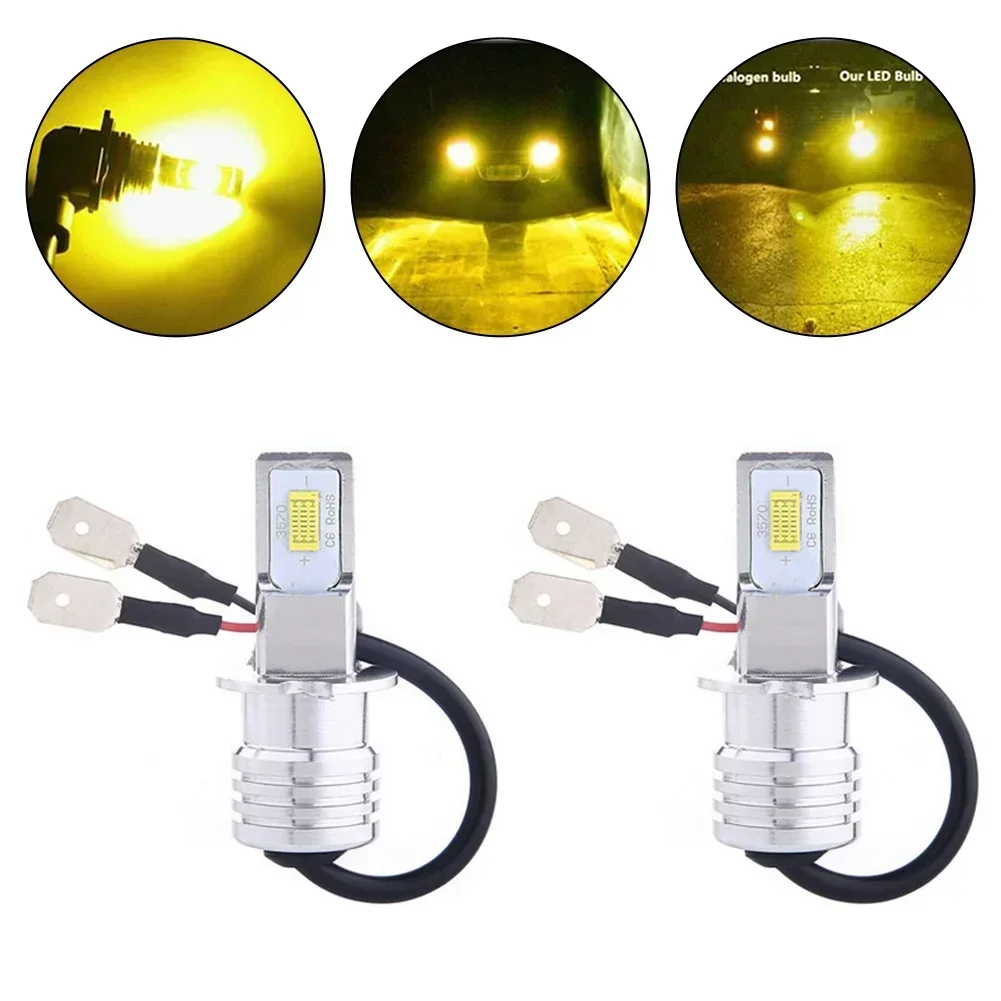 2Pcs H3 LED Car Fog Light Bulb Conversion Kit Super Bright Yellow DRL Lamp 3000K 80W 2000LM 12V-24V DC Car LED Fog Light