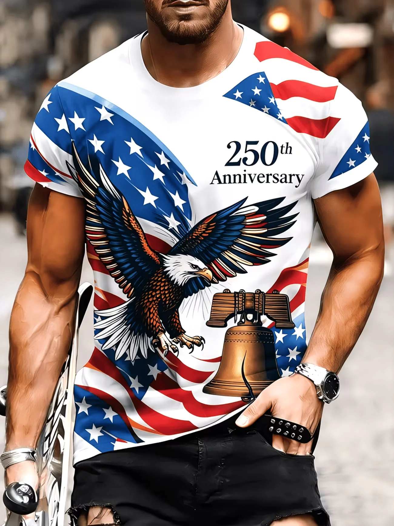 Mens 1776 2026 250 Years Of Freedom US Patriotic Eagle Print Short Sleeve Crew Neck T Shirt