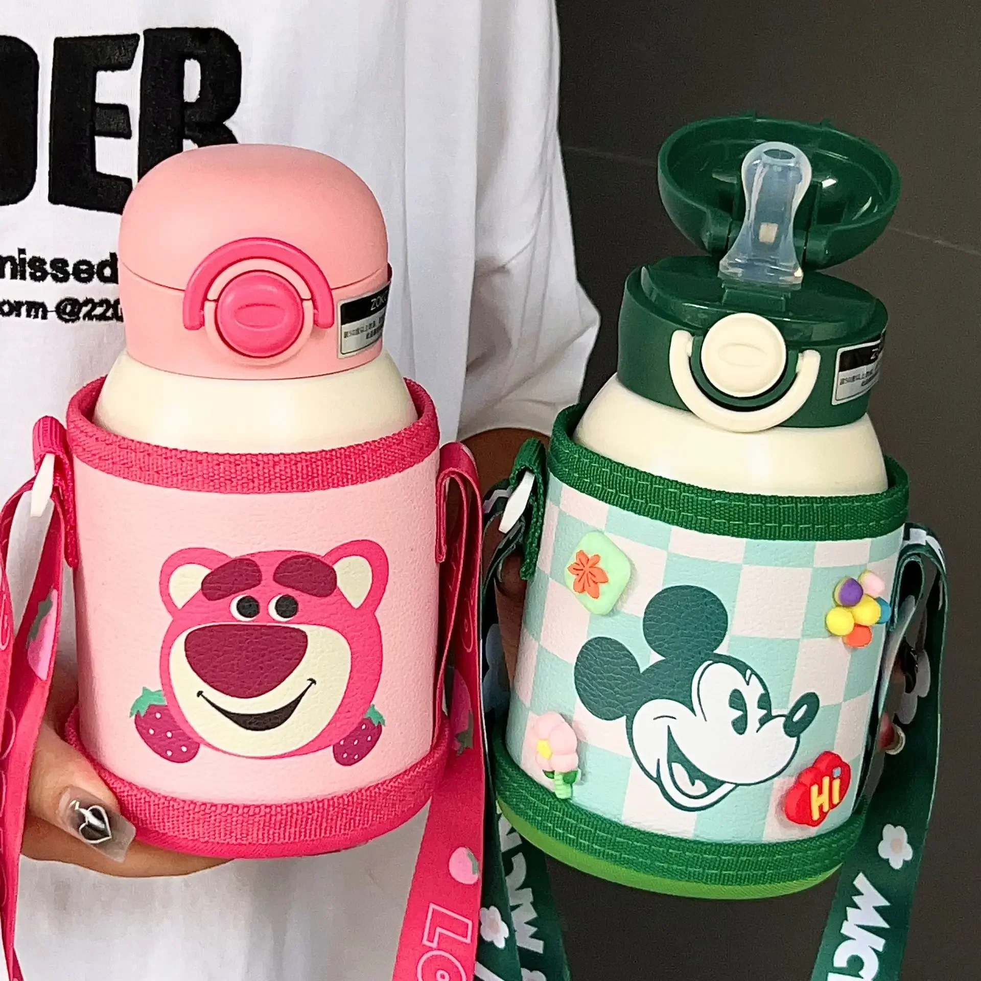 Disney Lotso Mickey Mouse Strawberry Bear Child Thermos Bottle Student Food Grade 316 Stainless Steel Water Cup Straw Set Anime