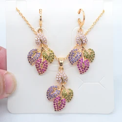 Fashion Gold Color Women Multicolor Cubic Zirconia Leaf Leaves Earrings & Pendant Jewelry Set