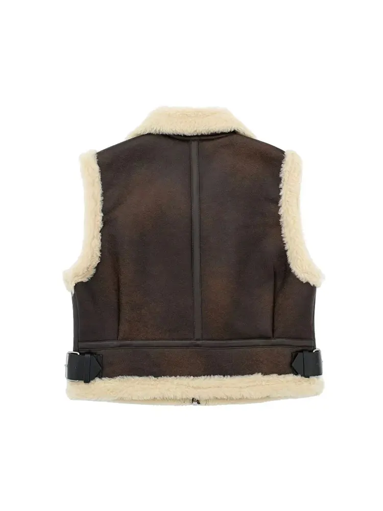 Nlzgmsj TRAF 2023 Autumn Winter New Women Fleece Sleeveless Vests Fashion Belt Faux Sheepskin Coat Cropped Faux Leather Vest