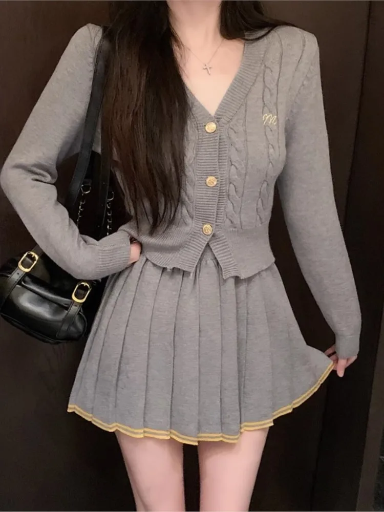 Autumn Knitted Two Piece Skirt Set Women Long Sleeve Single Breasted V-neck Top Mini Pleated Skirt Korean Chic Female Outfit New