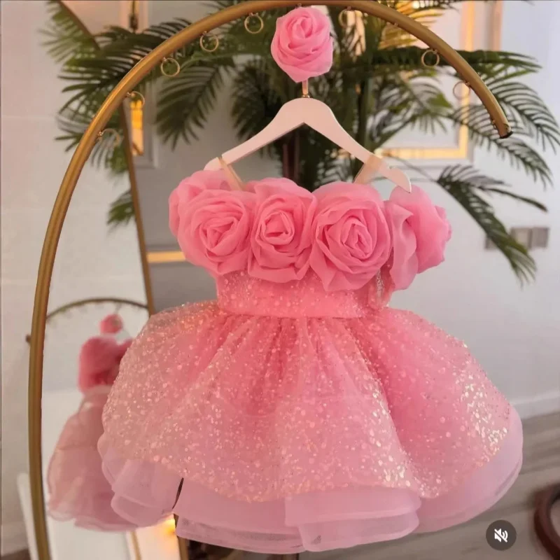 New Sequined Three-Dimensional Floral High-Quality Off-Shoulder Mesh Dress for Girls' First Birthday Princess Party