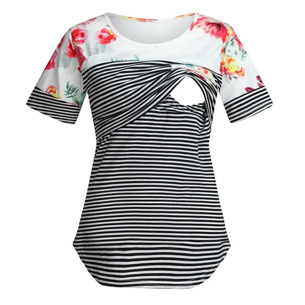 Summer Women Pregnancy Maternity Shirts Maternity Short Sleeve Floral Stripe Nursing T-shirt Top For Breastfeeding для кормления