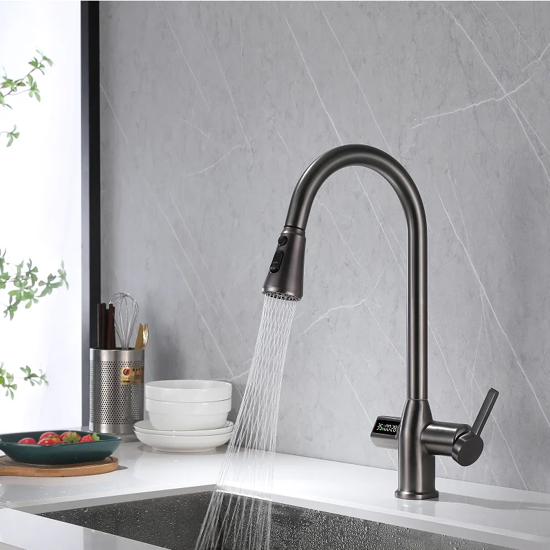 

Kitchen Faucets Grey Brass Smart Digital Temp Show Sensor Pull Out Spout Mixers Tap Hot Cold Water Crane Single Lever Decked