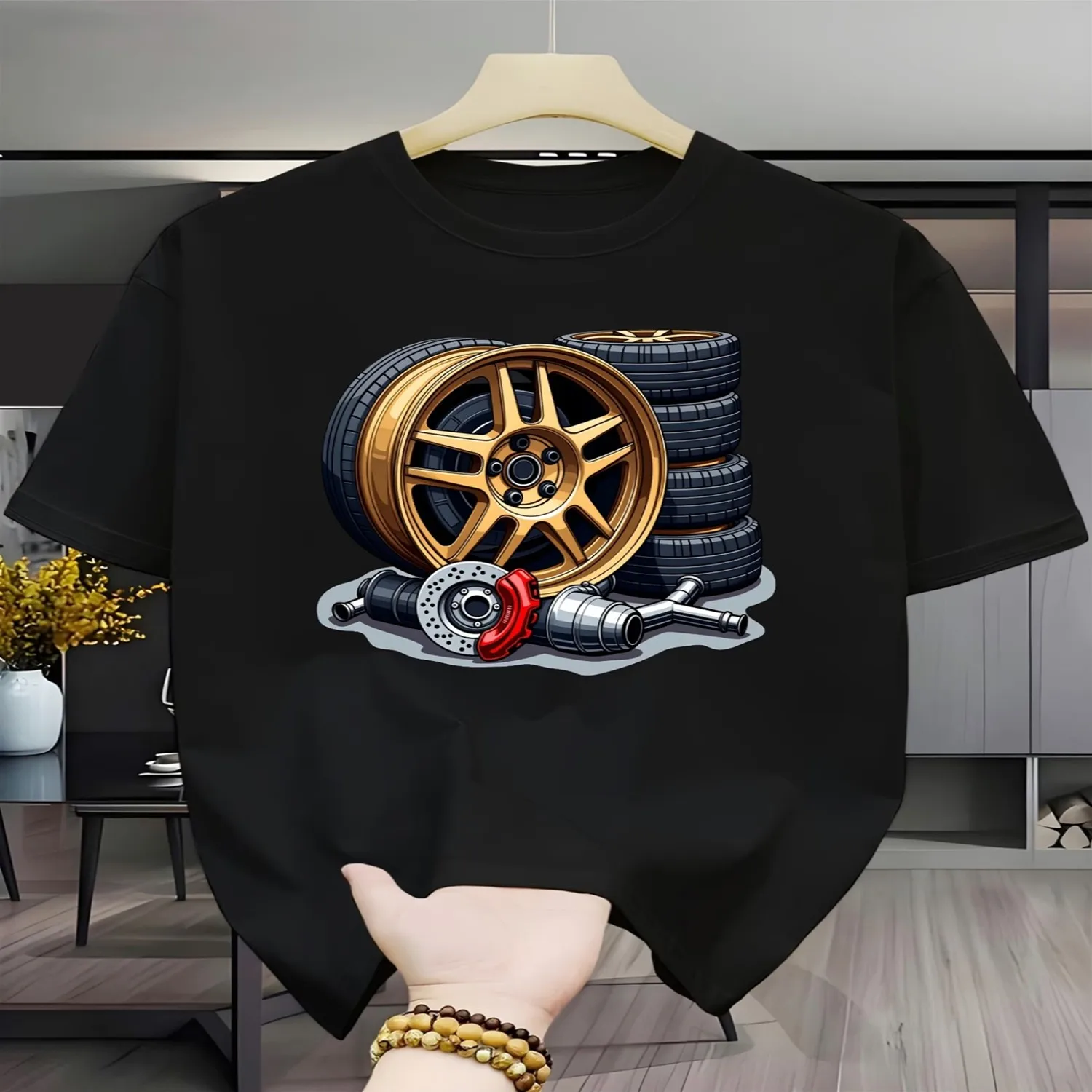Car Wheel Brake Parts Pile Men's Casual Short-Sleeve Crew Neck T-Shirt, Outdoor Short-Sleeve Casual Breathable T-Shirt, Printed Crew Neck Micro-Stretch T-Shirt, Easy-Care Versatile Top Men Graphic Tee, Weekend Casual Top