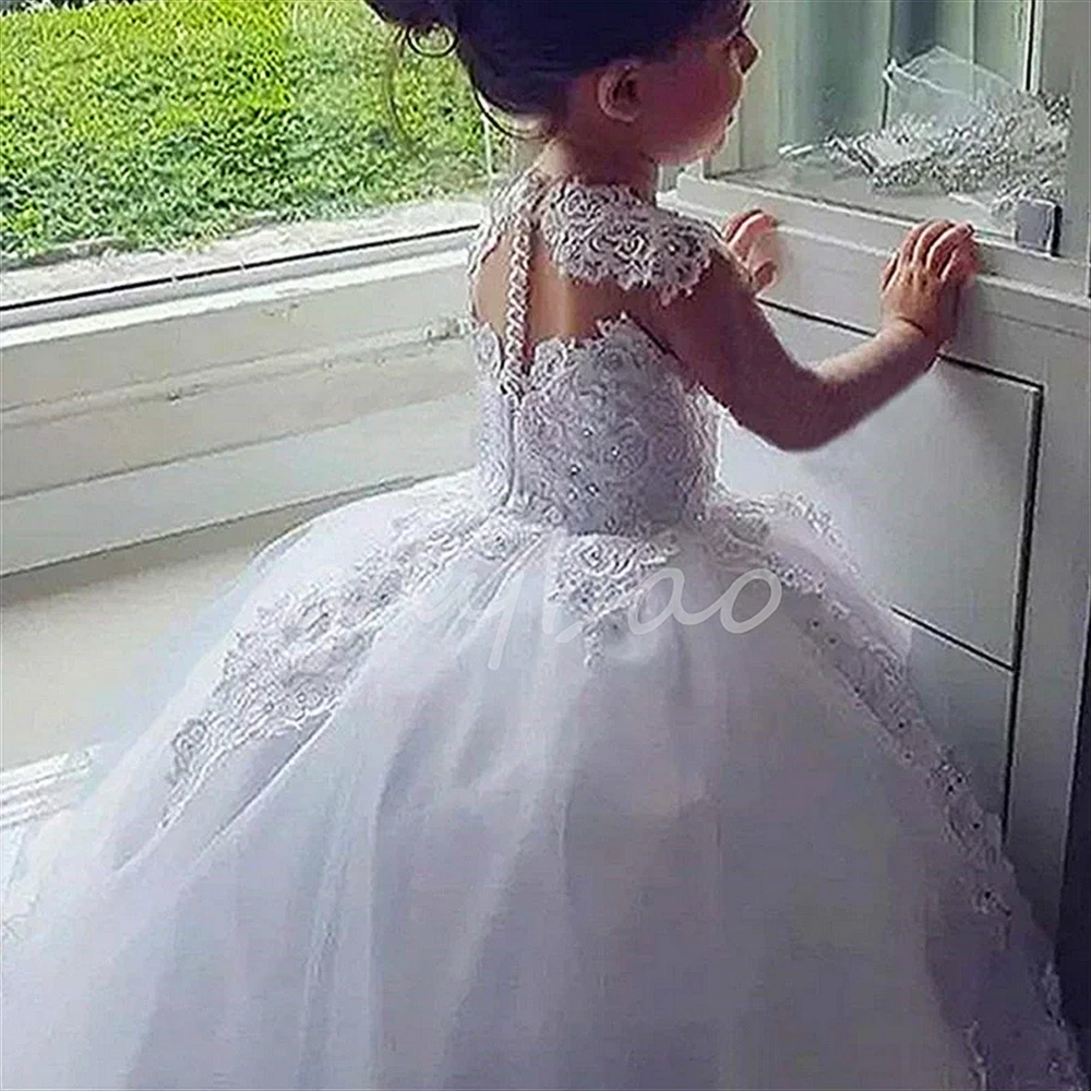 Pequena princesa branco flor menina vestidos para casamento tule renda inchado clássico para festa de aniversário à noite vestidos de baile de baile