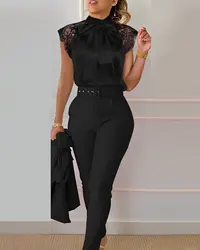 Office Lady Suit Women 2 Pieces Set Elegant Lace Top And Belt Long Pants Two Pieces Sets Womans Outfits Summer Fashion Clothing