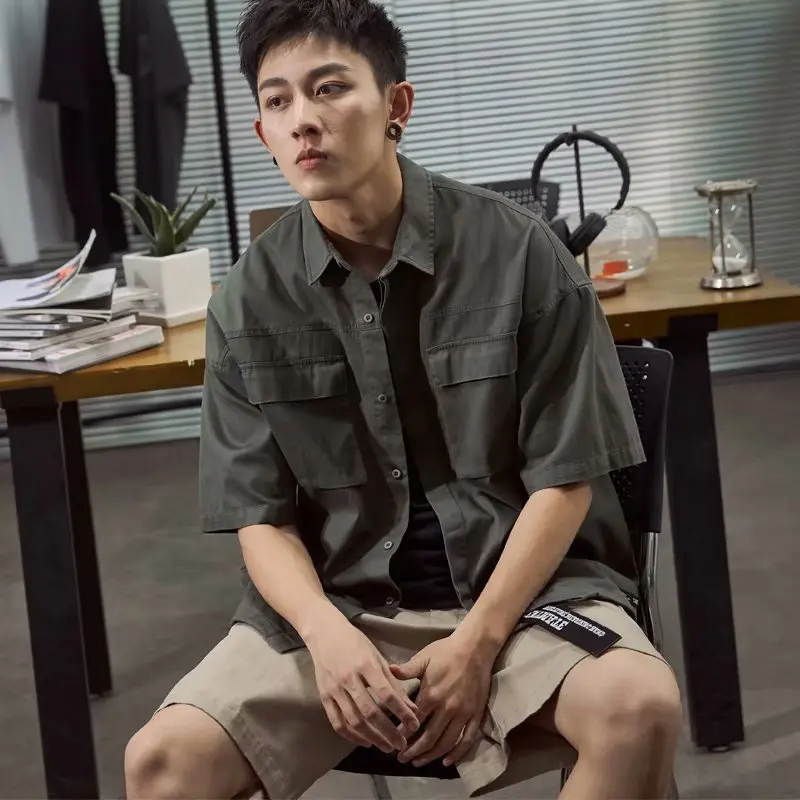 Men's Summer Japanese Style Loose Multi Pockets Cargo Shirt Mid Sleeve Solid Color Work Shirt