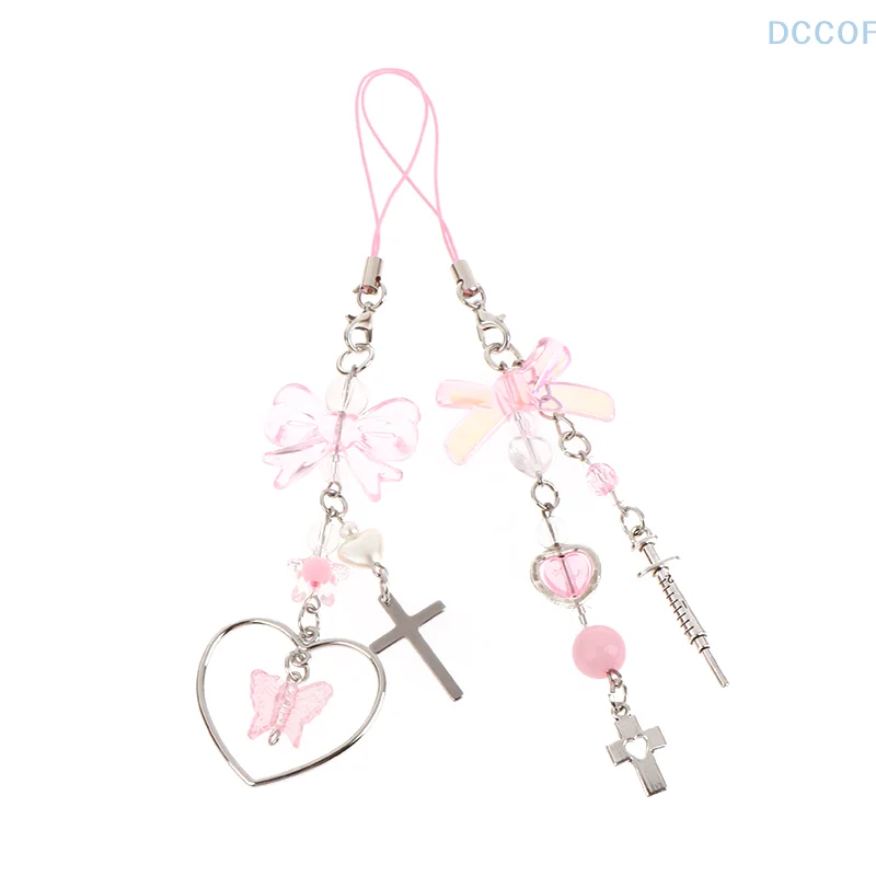 Sweet Cute Bow Heart Pendant Phone Chain Lanyard For Girls Y2K  Mobile Phone Straps Bags Hanging Decorations