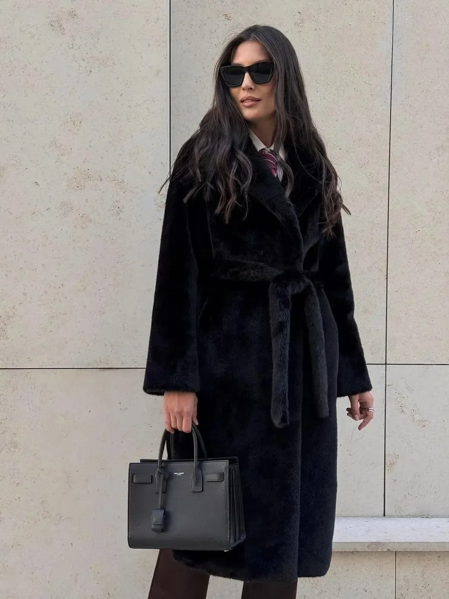 Kurtki Damskie Sztuczne Futro Długie Płaszcze Narzutki Sznurowane Kołnierzyk Wykładany Długi Rękaw Otwarty Splot Grube Luźne Jesień Zima 2025