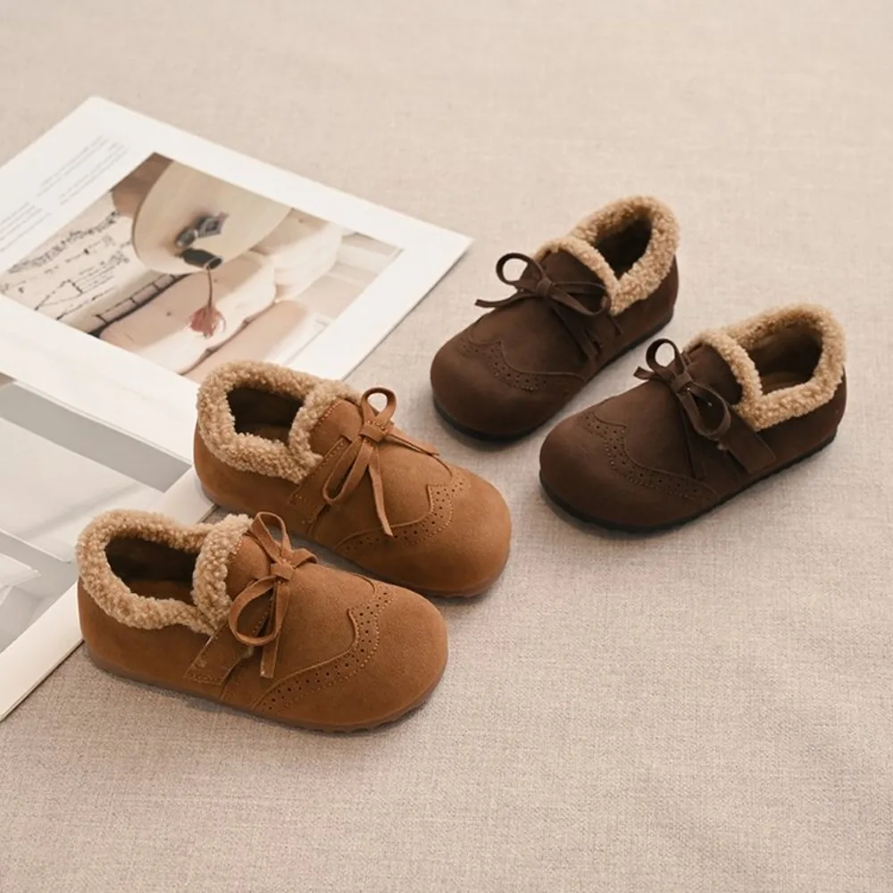 Toddler Fleece Lined Oxford Shoes, Kids Vintage Brogue Warm Winter Flats, Bow Decor Non-Slip Soft Sole Dress Shoes for Girls
