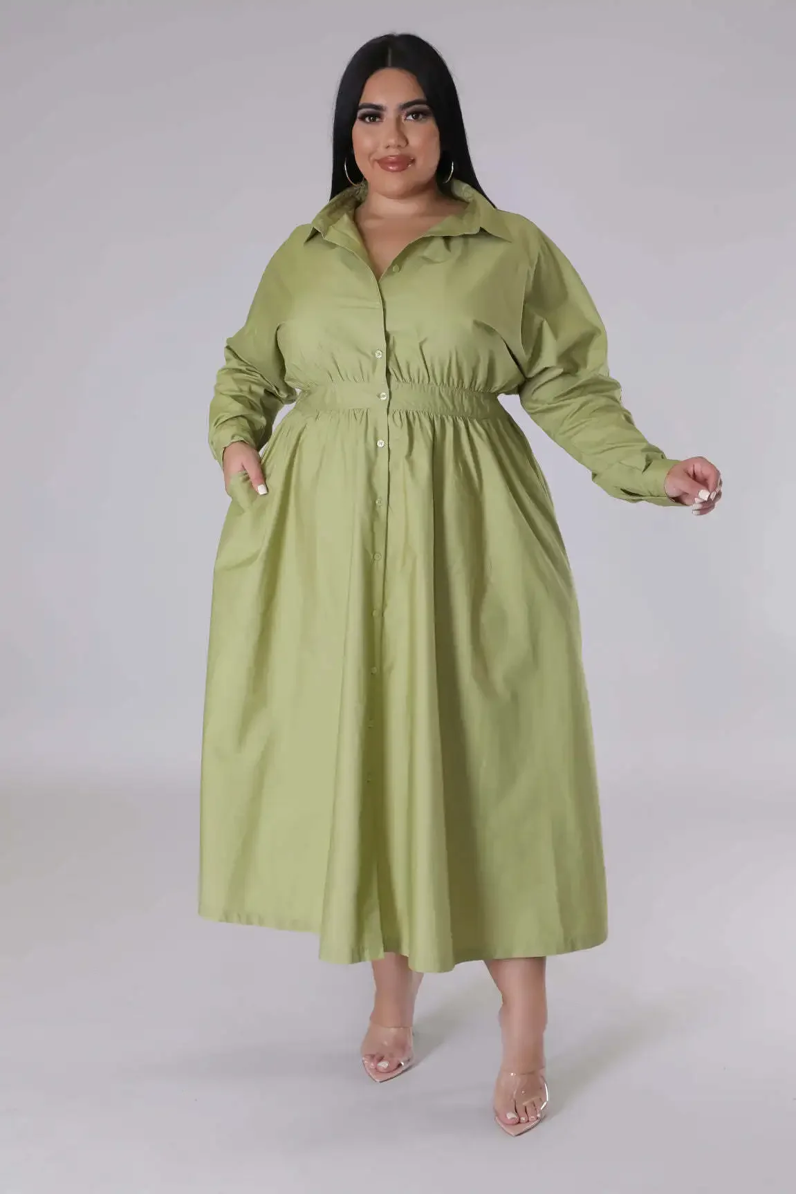 2024 Letnia elegancka afrykańska sukienka z długim rękawem i dekoltem w szpic z poliestru Biały Czarny Niebieski Plus Size Sukienka koszulowa XL-5XL