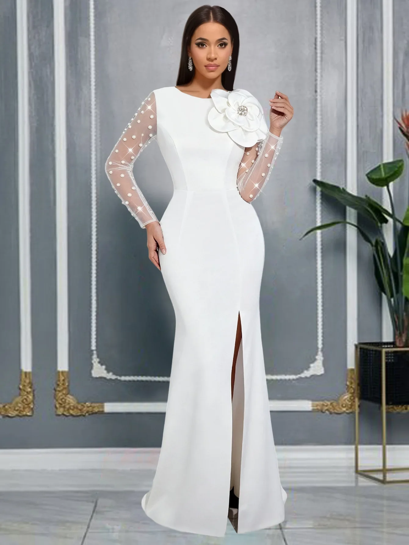 

Dashiki African Dresses for Women Elegant African Mesh Long Sleeve White Party Evening Long Maxi Dress Gowns Africa Clothing