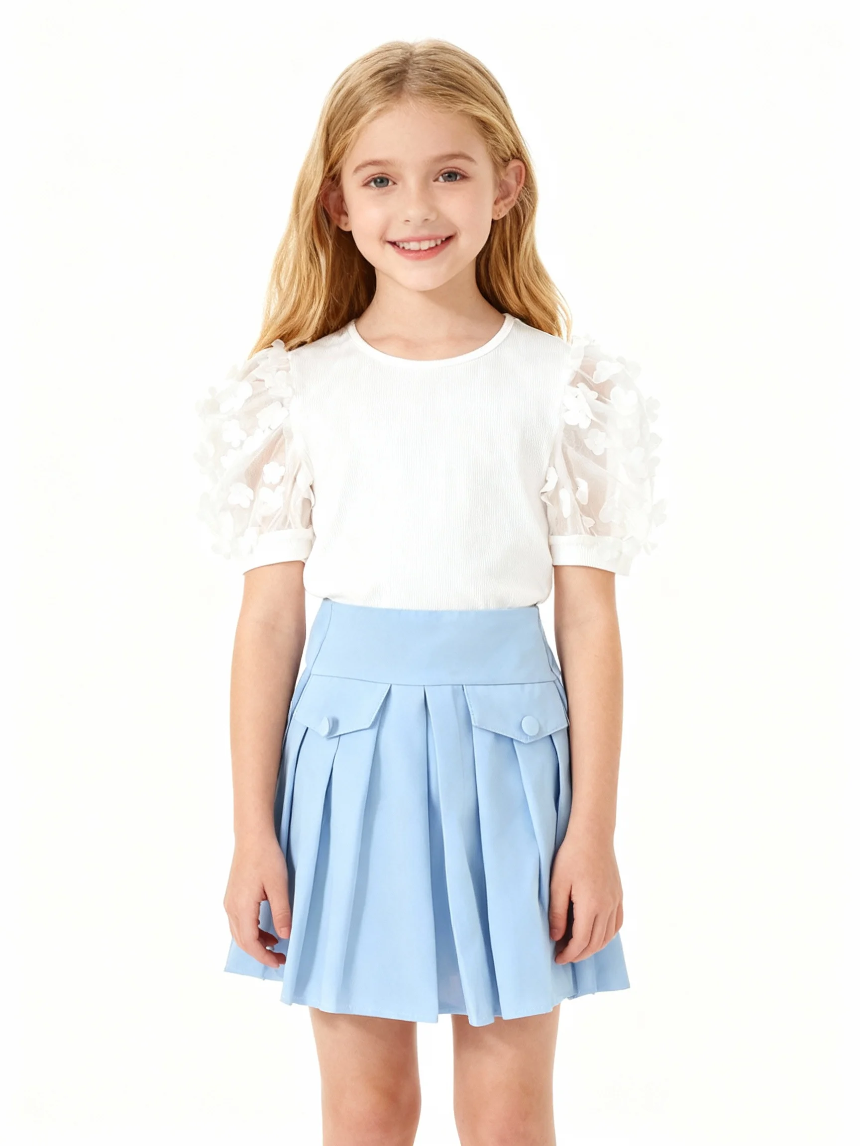 Zweiteiliges Sommer-T-Shirt für Mädchen, 3-dimensionale Blumen-Blasenärmel, einfarbig, gefälschte Tasche, plissiert, kurzer Rock, süßes Mode-Set