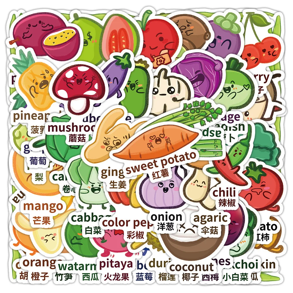 50 pegatinas con citas en inglés de frutas y verduras, pegatinas de anime y grafiti para teléfono, guitarra, portátil, cuaderno, maleta, taza, regalos