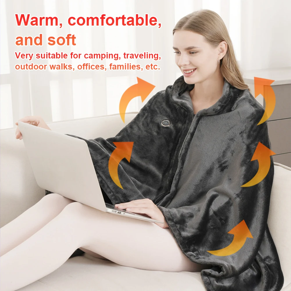 USB Heated Shawl Electric Heating Blanket 9 Heated Zones Wearable Heated Poncho Throw Portable Poncho Wrap for Camping Hiking