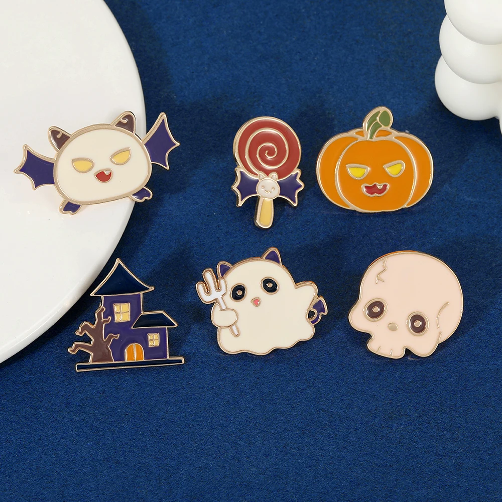 Cartoon Halloween Collection pins Cute Haunted House Ghost Pumpkin Lollipops Skull Head Enamel Brooches Festival Gift