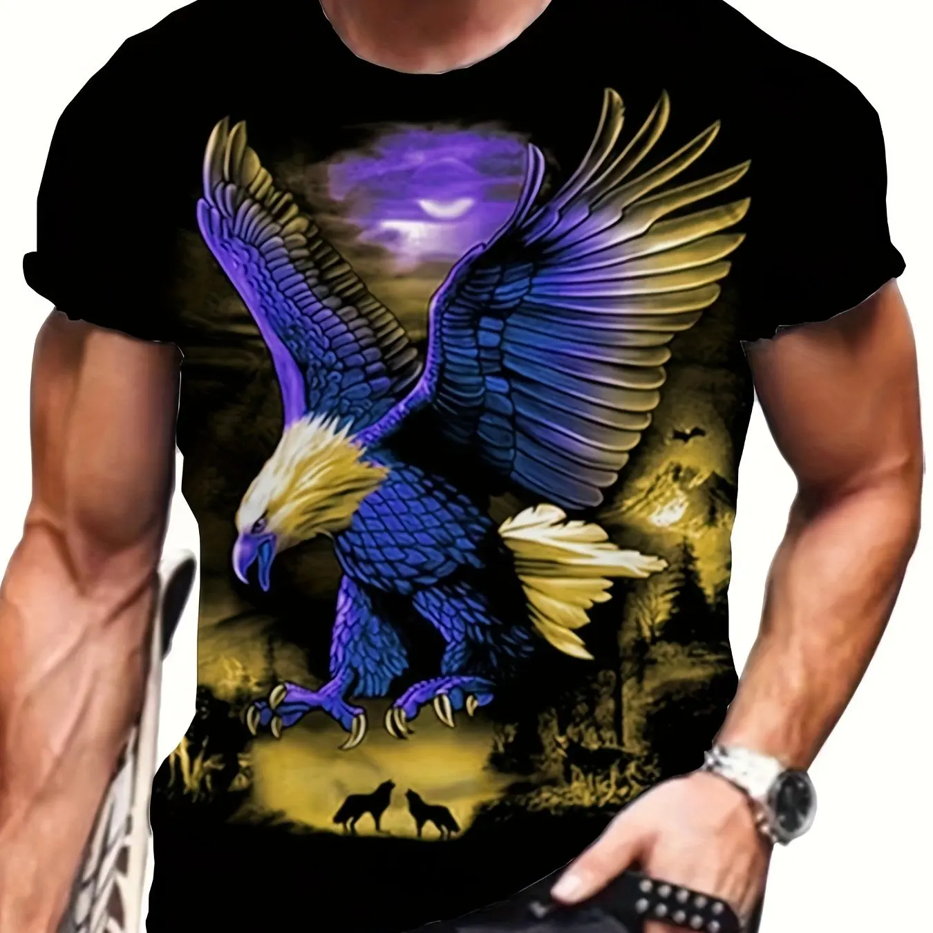 Men's plus size 3D eagle animal pattern printed T-shirt, fashionable short sleeved summer top, men's clothing