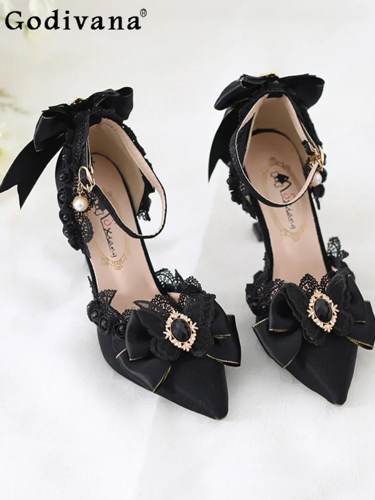 

Elegant Lolita Bow Lace Women High-Heeled Shoes 2023 Summer Fashion Pointed Toe Stiletto Solid Color Diamonds Party High Heels