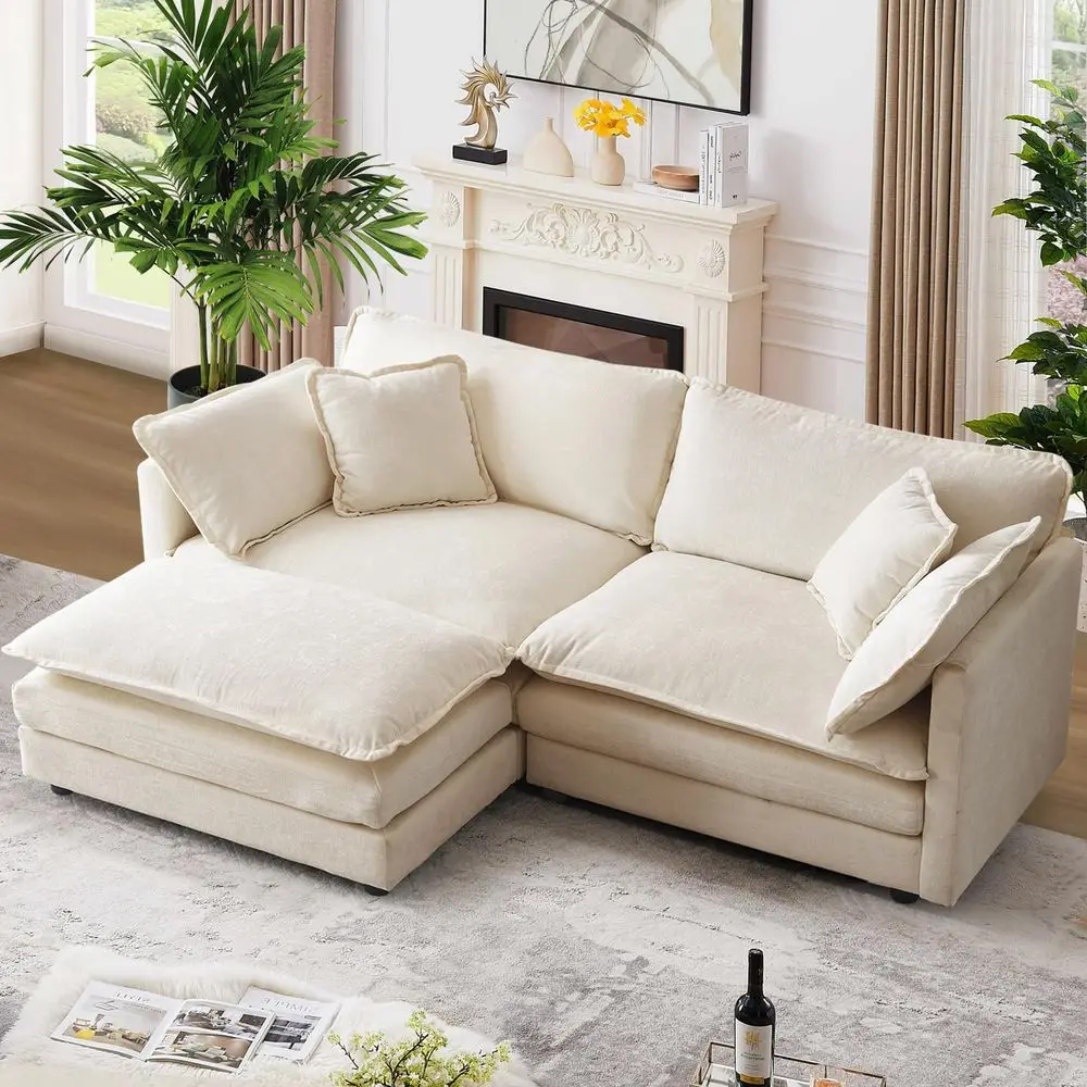 

Sectional Sofa with 1 Ottoman,2 Seat 76.7 Convertible Chenille Couch with 2 Armrest Pillows and 2 Throw Pillow for Living Room,