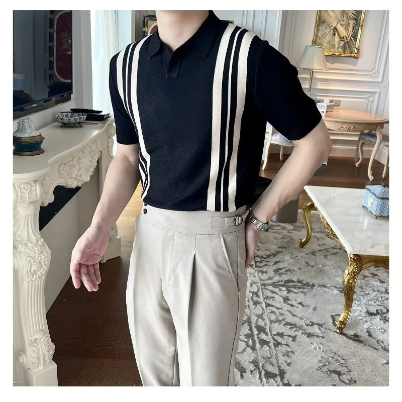 قميص بولو رجالي ياباني عصري من القطن والحرير الجليدي صيفي عالي الجودة بلون سادة وأكمام قصيرة