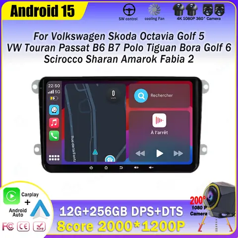 Android 15 CarPlay For VW Volkswagen Skoda Octavia Golf 5 VW Touran Passat B6 B7 Polo Tiguan Car Multimedia Radio Navigation