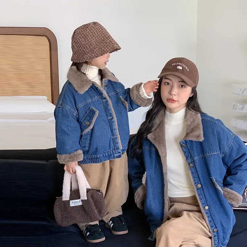 Family Children Jacket Fashion Korean Mother Baby Same Warm Plush Coat Women Clothes Lining Matching Daughter Thick Denim Kids