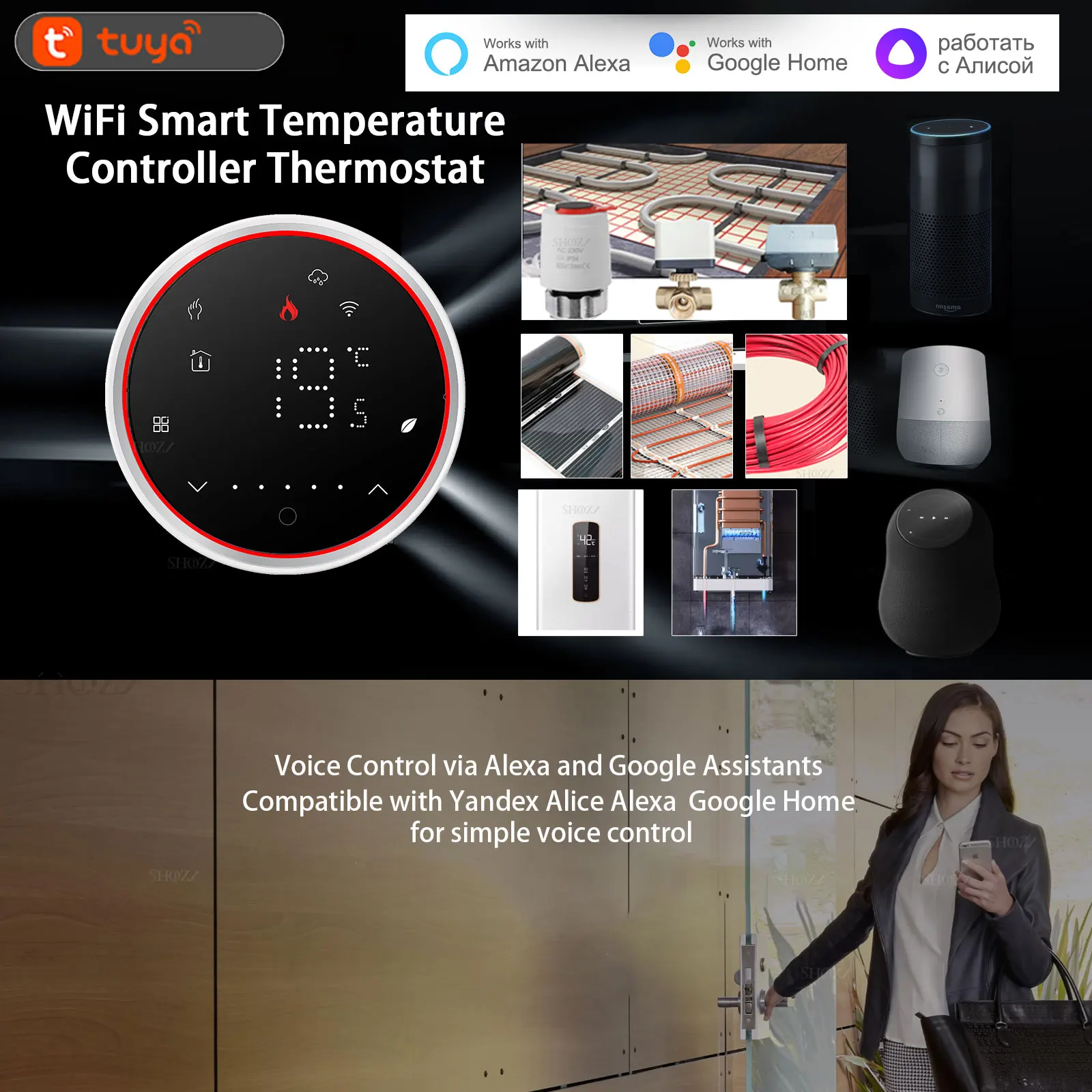 Termostato Tuya Smart Wifi para aquecimento de piso, aquecimento de água e caldeira a gás, termorregulador com tela sensível ao toque em LED colorido e controle remoto compatível com Alice, Alexa e Google.