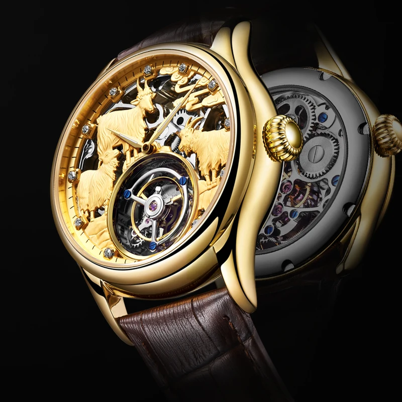 Gold plated tourbillon men's mechanical watch with hollowed out movement and embossed craftsmanship, waterproof luxury sapphire