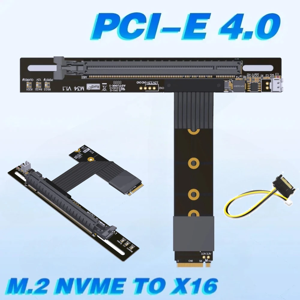 ADT M.2 NGFF NVMe Key M To PCI-E 4.0 x16 Graphics Card Adapter GPU Extender Cable 64Gbps M2 16x FFC Bend ATX Case Vertical Mount