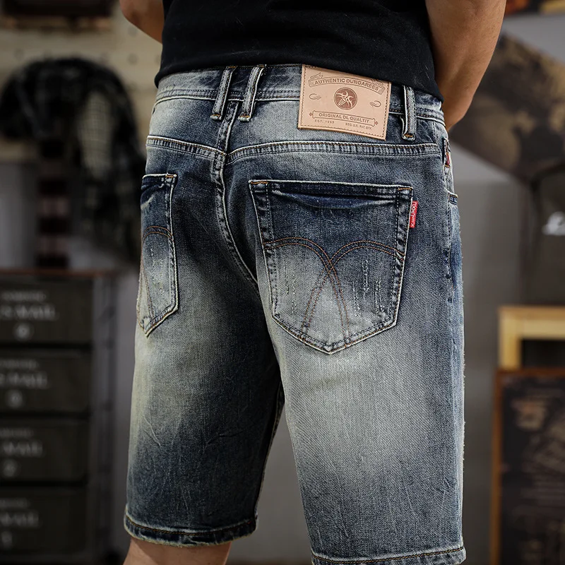 Street Retro Washed Denim Shorts Men's Summer Fashion Nostalgic Scrape Straight Slim Fit Trendy Capris Middle Pants