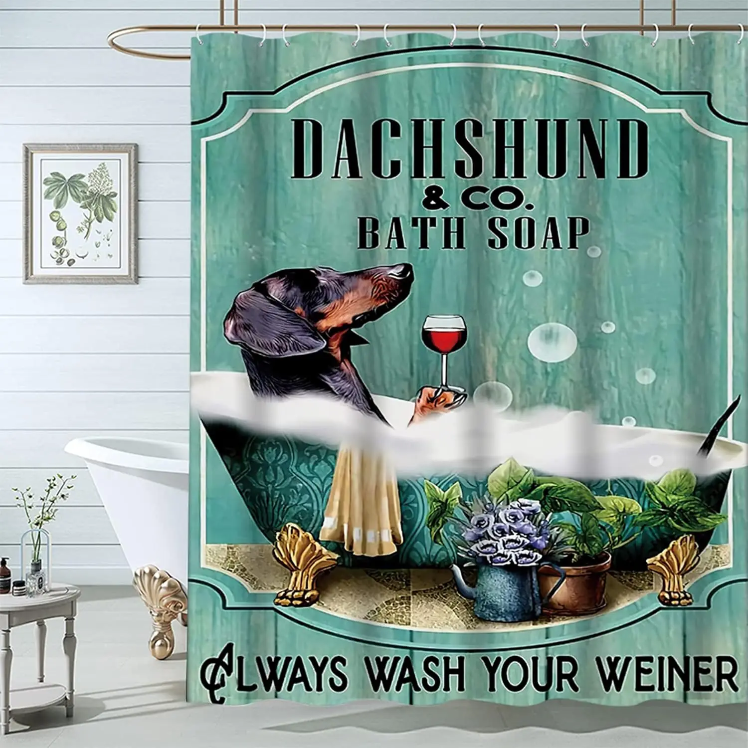 

Dog Shower Curtain Funny Shower Curtains 60Wx72L Inch Dachshund Bath Soap Shower Curtain Fun Ocean Teal Green Bathtub Vintage Wo