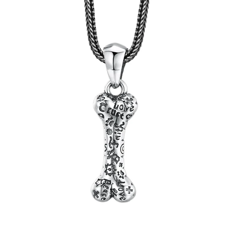

925 Sterling Silver Graffiti Bone Pendant Necklace, Antique Finish Unisex Gothic Jewelry