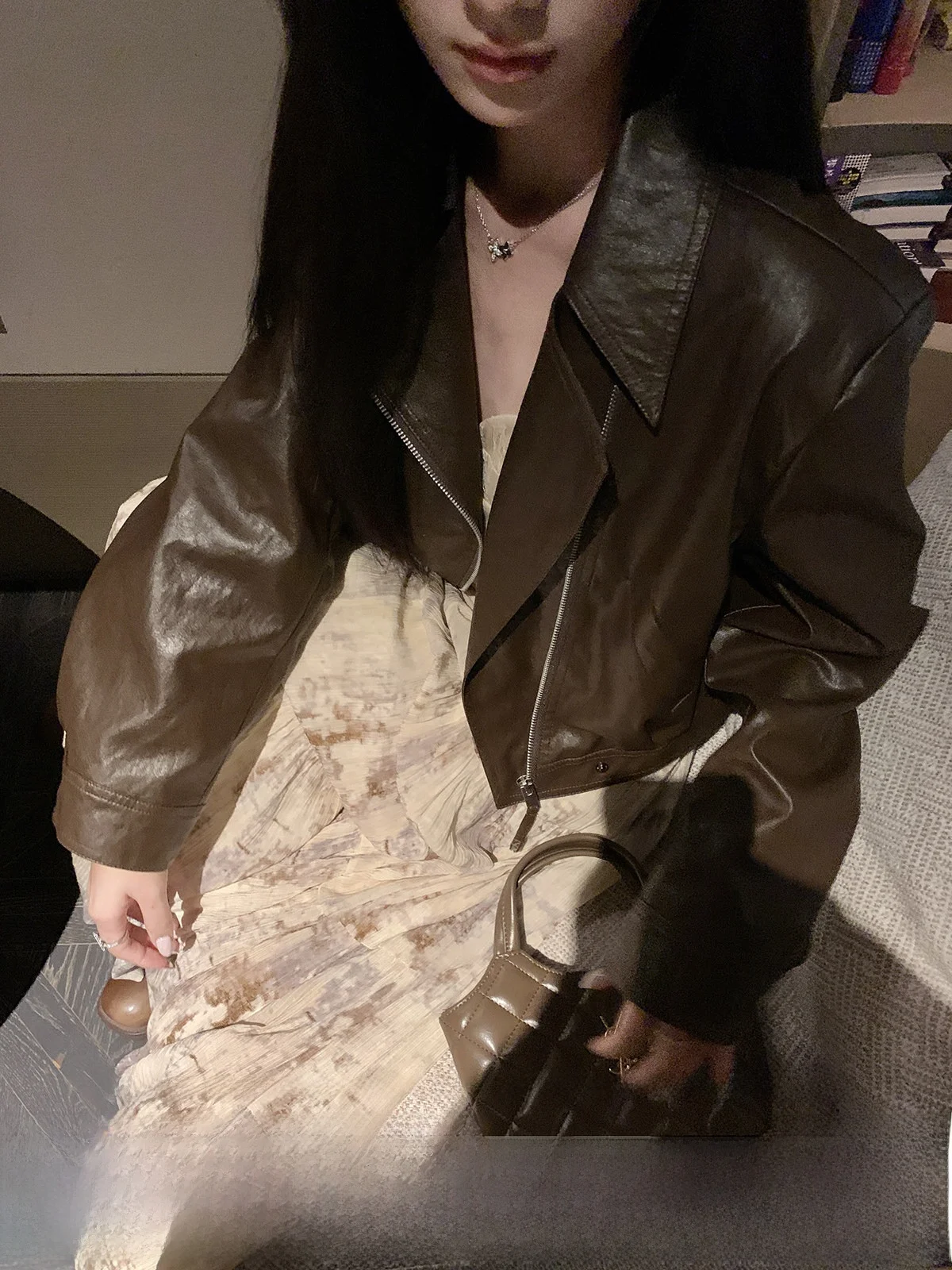 YOLI ort เสื้อแจ็คเก็ตหนังสีน้ำตาลกาแฟ แฟชั่นสำหรับผู้หญิง สไตล์ไบค์เกอร์ ให้ความอบอุ่น เหมาะสำหรับการเดินทาง เสื้อคลุมตัวนอกทรงตรง