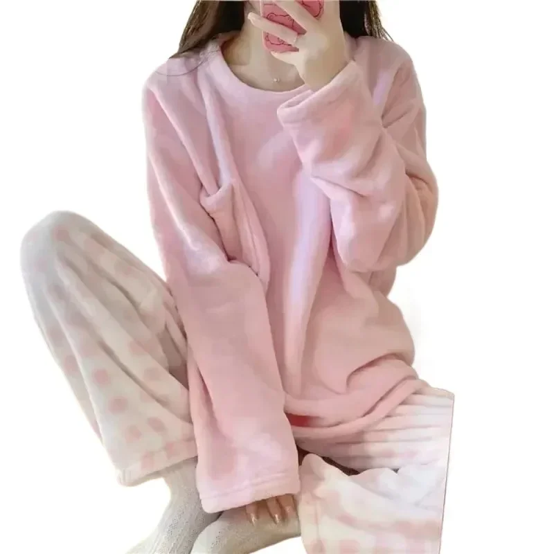 Fleece Thick Warm Women's Pajamas Set Winter Sleepwear Casual Solid Top and Plaid Pants Soft Pijamas Set for Women Home Suit - Image 5
