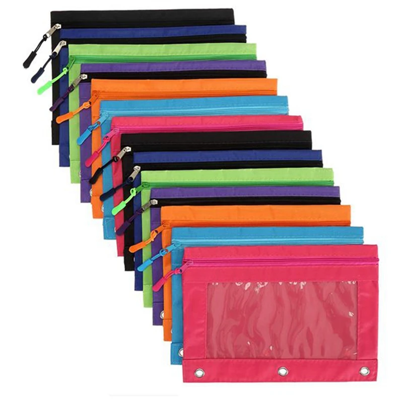 14 Pack Binder Pencil Pouch With Zipper Pulls,For School, Office, 7 Colors Enforced 3 Ring