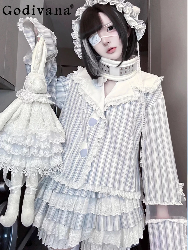 

Original Subculture Cos Watercolor Striped Shirt Culottes Pants 2-Piece Set Autumn New Girl's Sweet Cool Loose Homewear Pajamas
