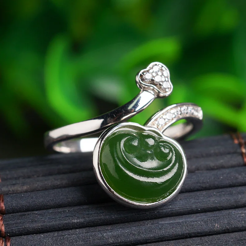 925 Sterling Inlaid Hetian , Open Adjustable Women'S , Silver-Wrapped Jade Ring