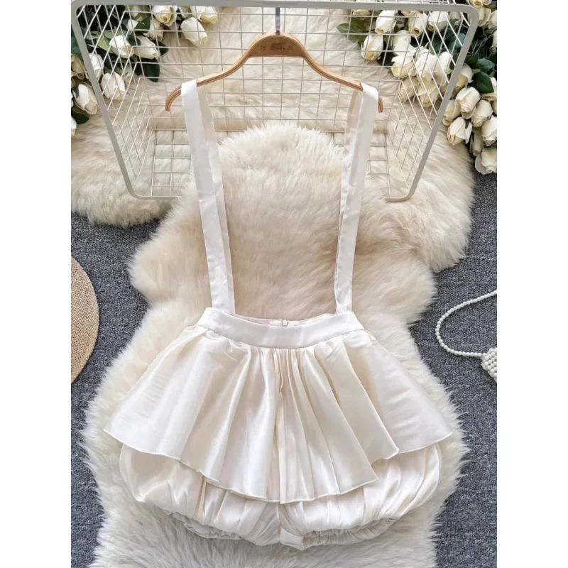 New Fashion Vintage Streamed Puffy Strap Culottes Women's 2025 Early Spring Wear Cute Girl Detachable Strap Design Bud Playsuits