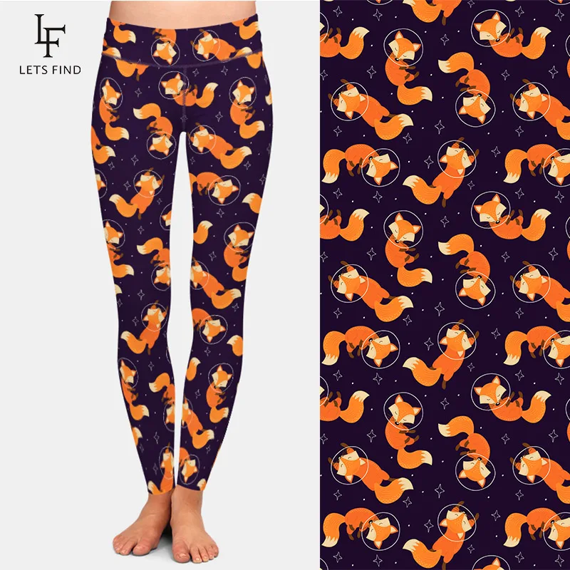 Fashion Cartoon Fox Print Girls Leggings High Waist High Elastic 220gsm Double Side Brushed Milk Silk  Women Leggings