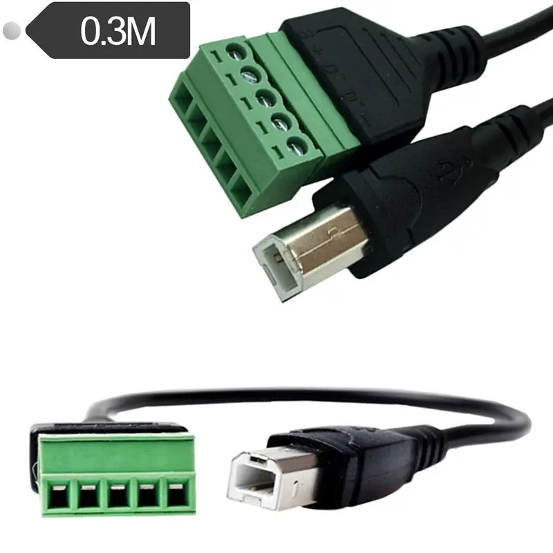 30cm USB 2.0 Printing B Male Plug to 5-Pin Female Bolt Shielded Green Solder Free Terminal Pluggable Adapter Cable