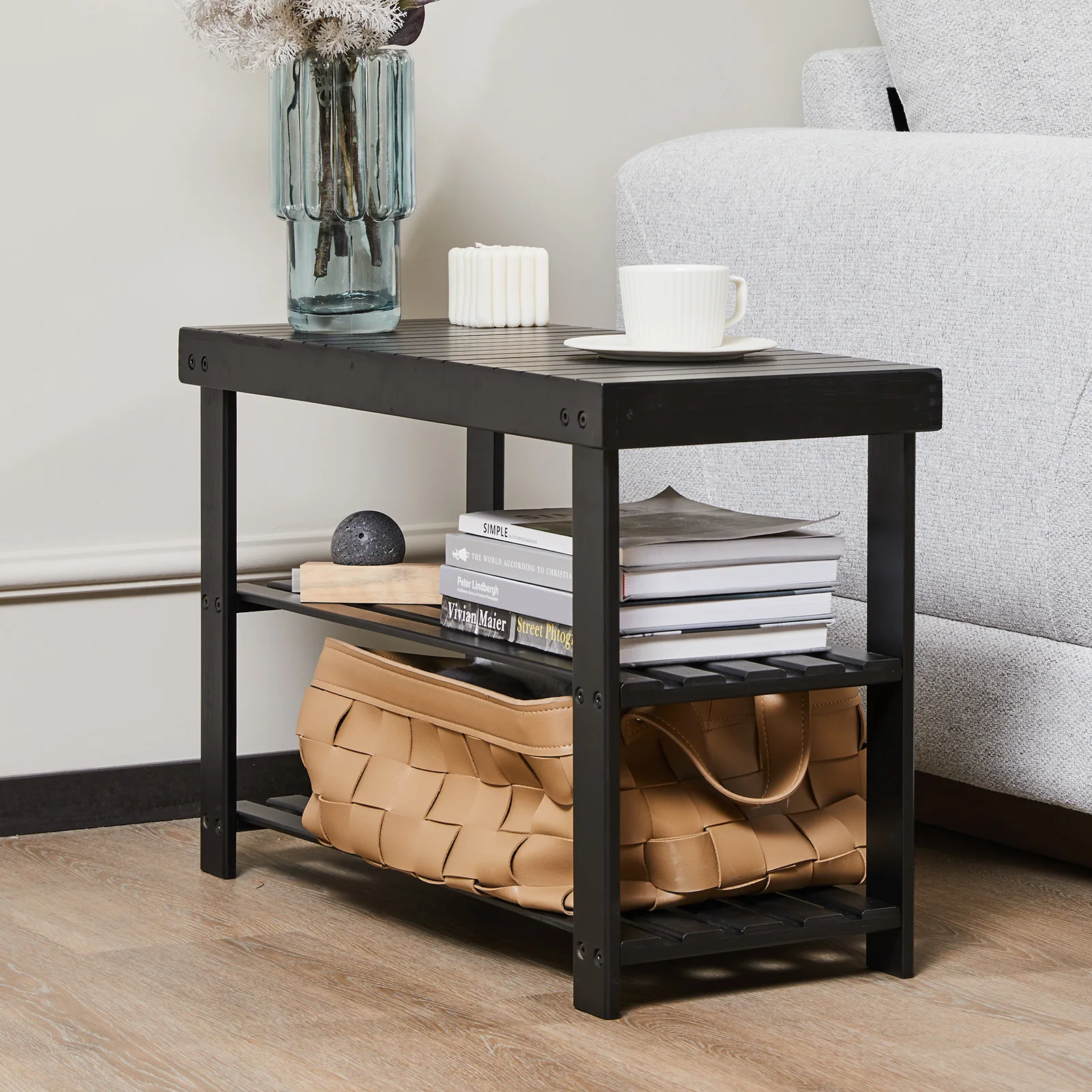 JHK Living Room 3-Tier Bamboo Shoe Rack Bench Holds Up to 286 lb Storage Organizer Easy Assemble Suitable for Bedroom Balcony ﻿