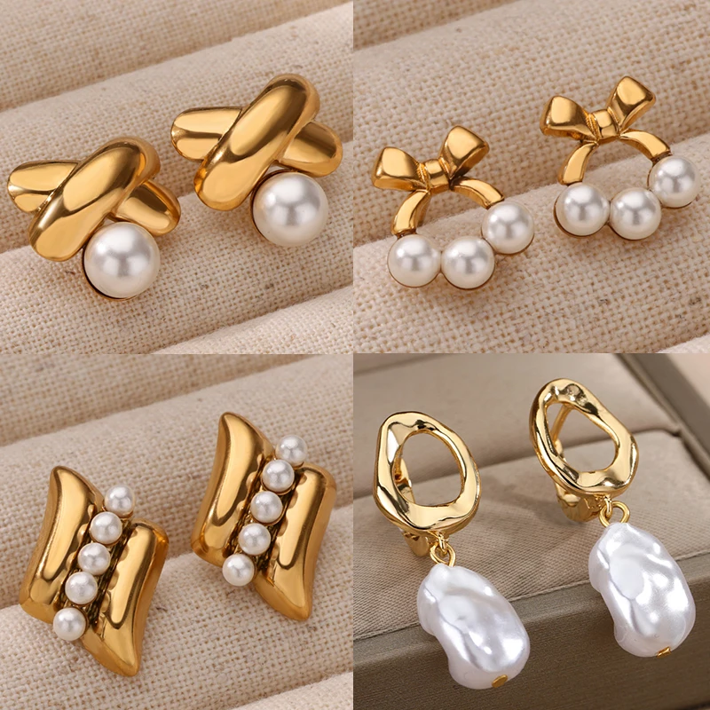 Imitation Pearl Bow Earrings for Women Stainless Steel Gold Color Geometric Cross Earrings Fashion Wedding Jewelry Christmas