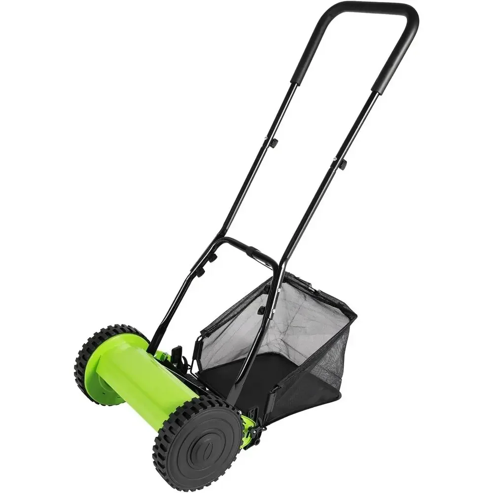 

12-Inch Manual 5-Blade Lawn Mower with Catcher, Adjustable Height, Walk-Behind Yard Tool