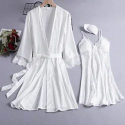 Bride White 2PCS Bathrobe Gown Set Summer Lace Kimono Robe Suit Sexy Women Sleepwear Nightgown Loungewear Satin Home Clothes