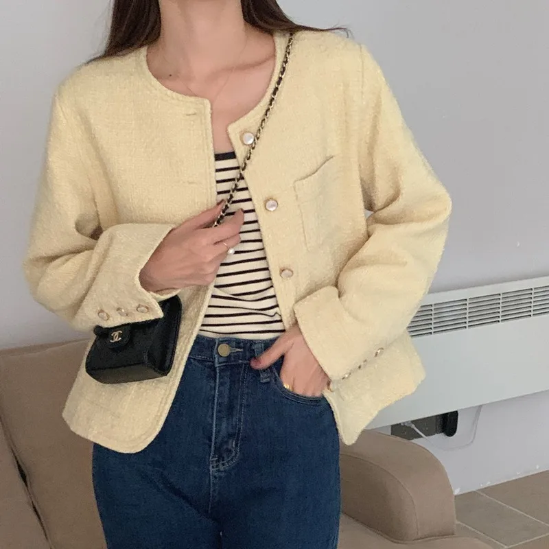 Women's Autumn Vintage Tweed Blazer Coat Jacket Round Collar Single Breasted Short Outerwears Full Sleeve 2024