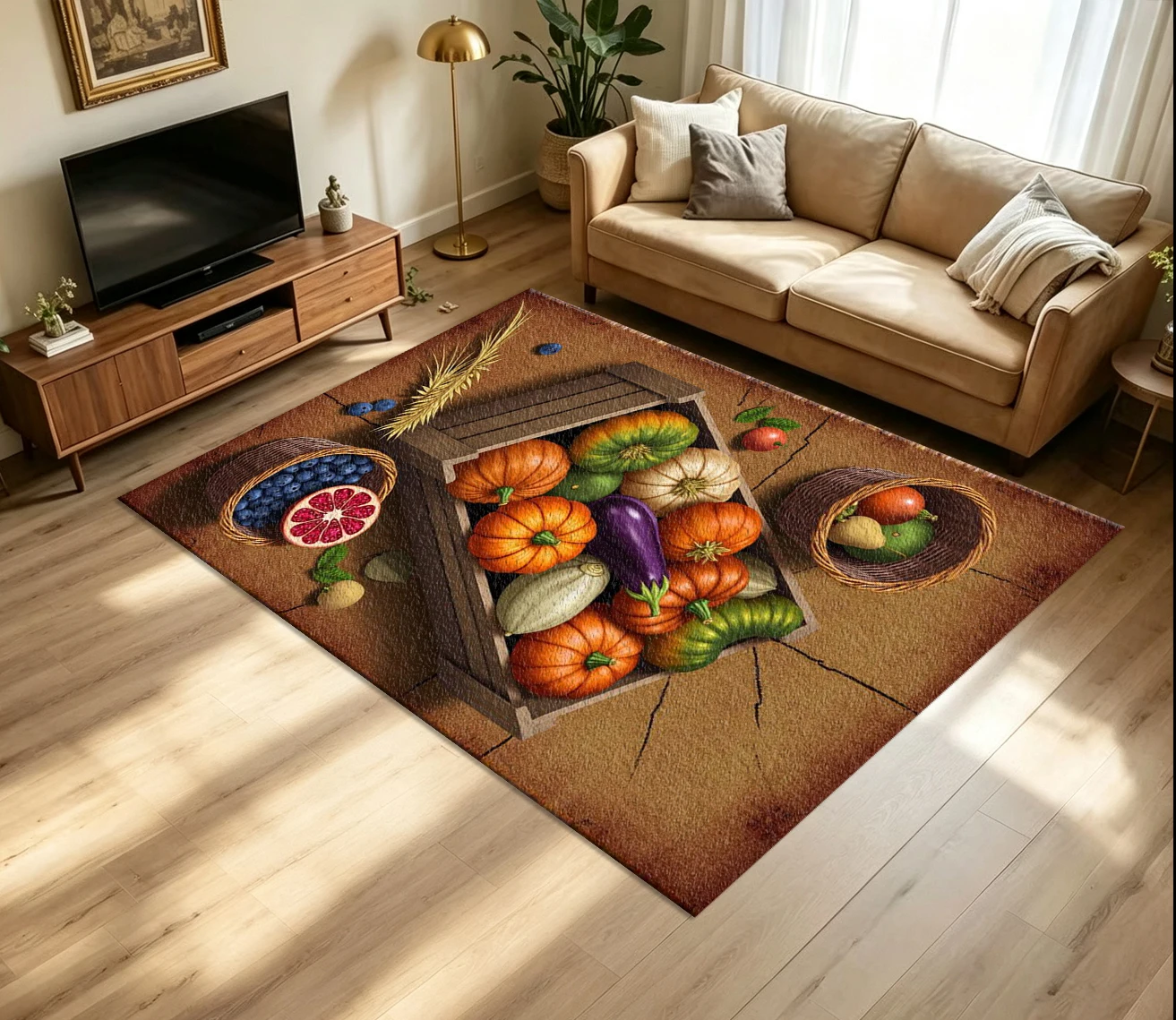 Harvest Autumn Fruit Vegetable Carpet Flooring, Pumpkin Pomegranate Blueberry Non-Slip Floor Rug for Kitchen Living Room Farmhouse Decor
