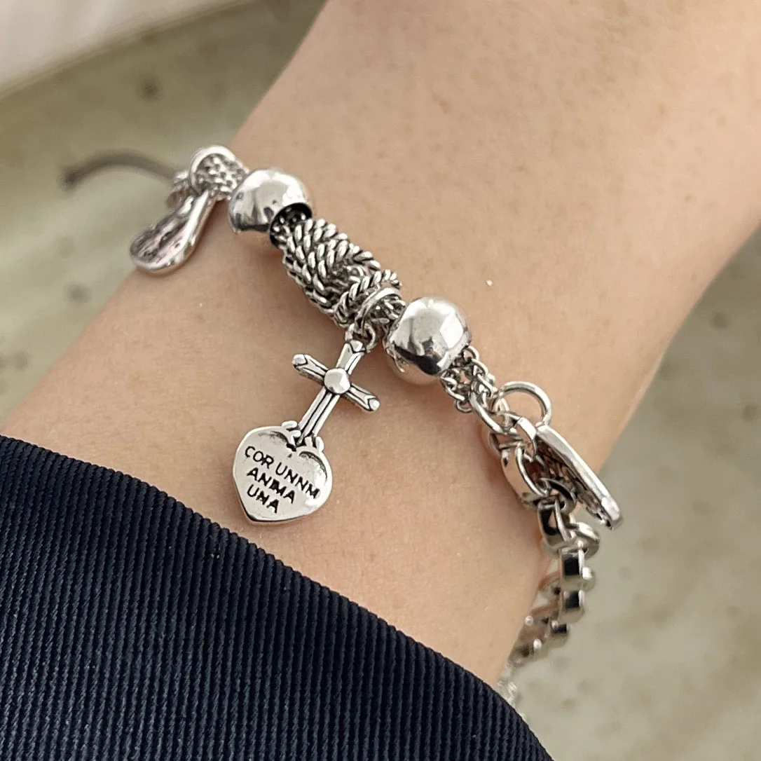 925 Sterling Silver Bracelets for Women Men String Accessories Trend Vintage Cross Shape Tassel Pendant Party Jewelry Gift