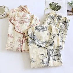 2024 Spring and Autumn Women's New Pajama Set 100% Cotton Crepe Long sleeved Pants Cute Home Fury Two piece Set Pijamas Ladies